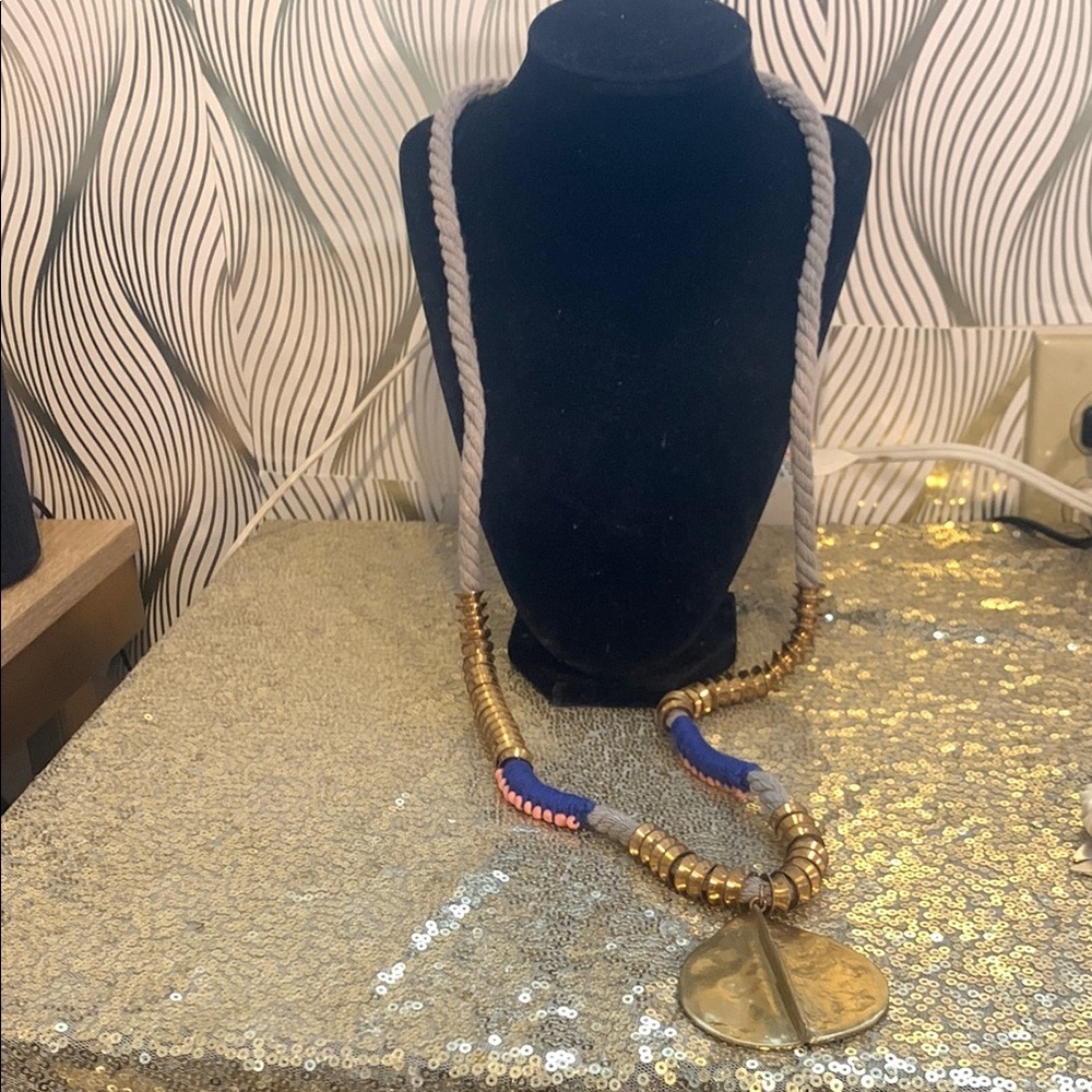 Gold and Blue long Statement Necklace